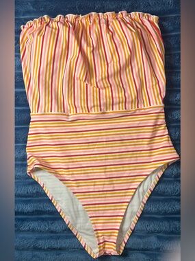 Aerie Strapless One Piece Swimsuit Striped Ruffle Bandeau Size M